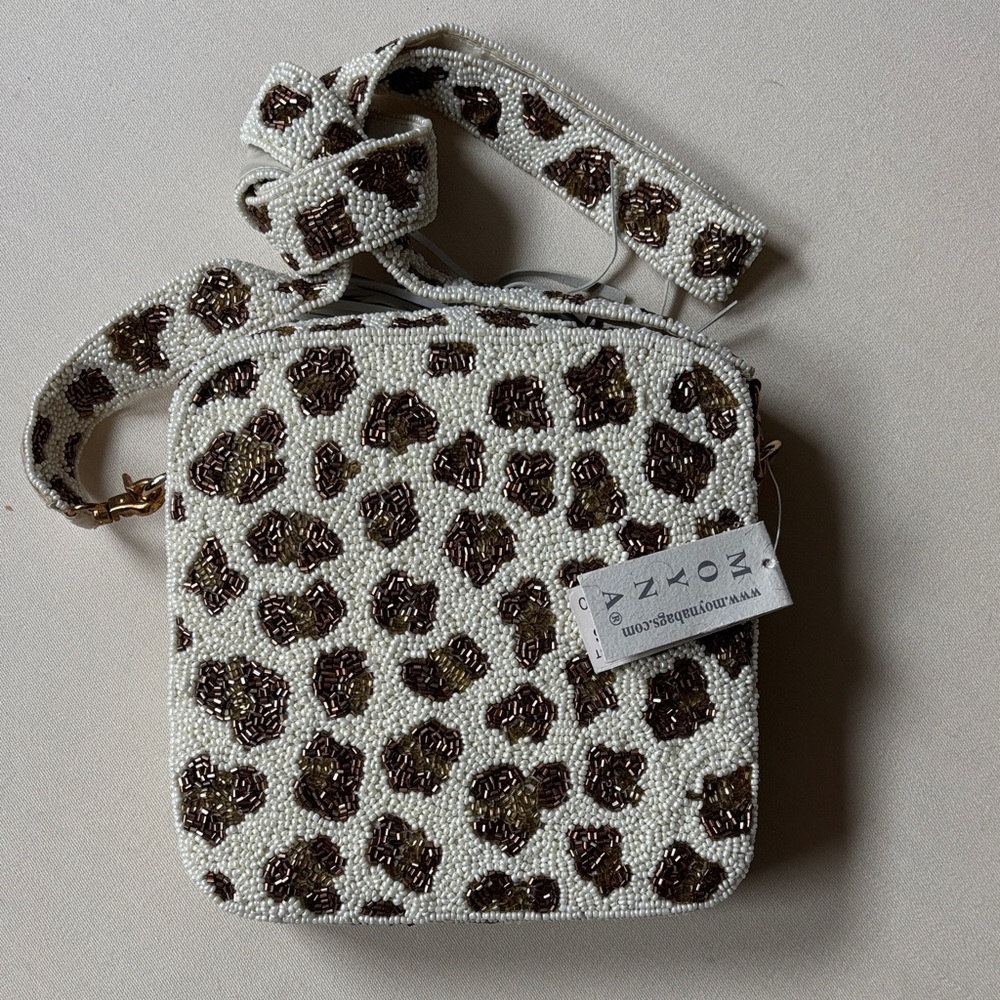 Moyna Beaded Leopard Crossbody Bag - White & Brown